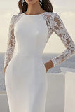 Ivory Satin Boat Neck Sweep Train Wedding Dress with Lace