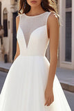 Ivory A Line Illusion Scoop Neck Long Tulle Wedding Dress