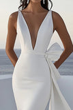 Mermaid Ivory Satin Long Deep V-Neck Wedding Dress