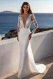 Mermaid Ivory Lace Sweep Train Deep V-Neck Wedding Dress