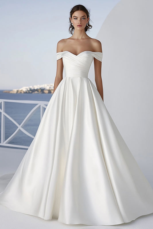 Ivory A Line Off the Shoulder Long Ruched Wedding Dress
