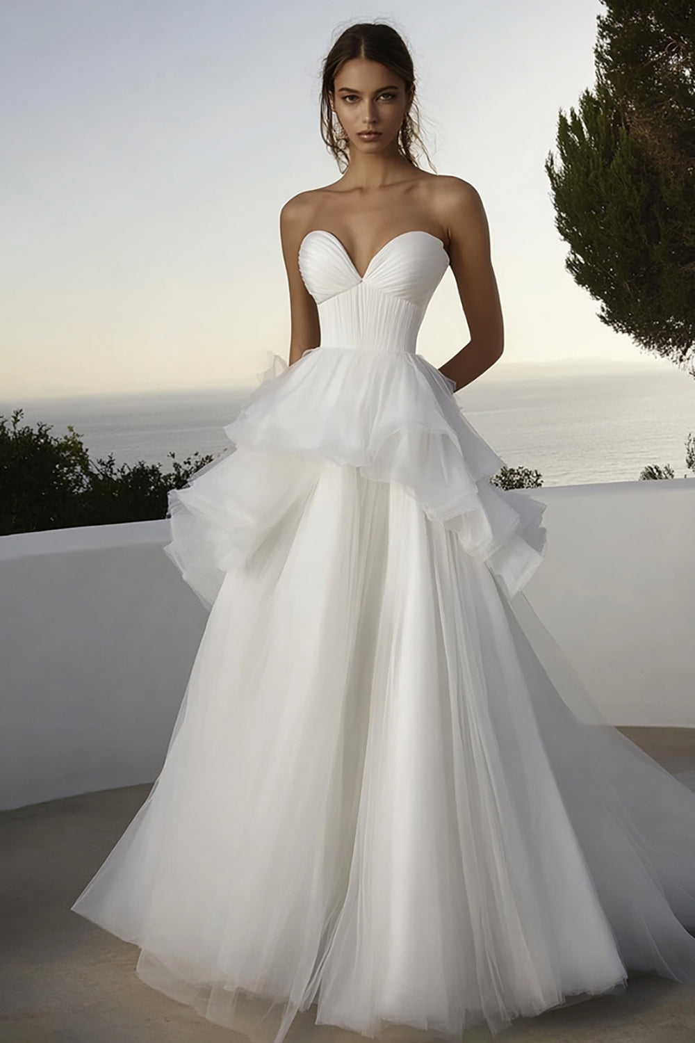 Ivory A Line Tulle Long Sweetheart Wedding Dress with Ruffles