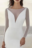 Ivory Sheath Sweep Train Satin Wedding Dress with Long Sleeves