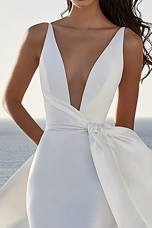 Ivory Streamer Satin Deep V-Neck Long Wedding Dress