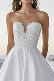 Ivory A Line Satin Strapless Long Lace Wedding Dress