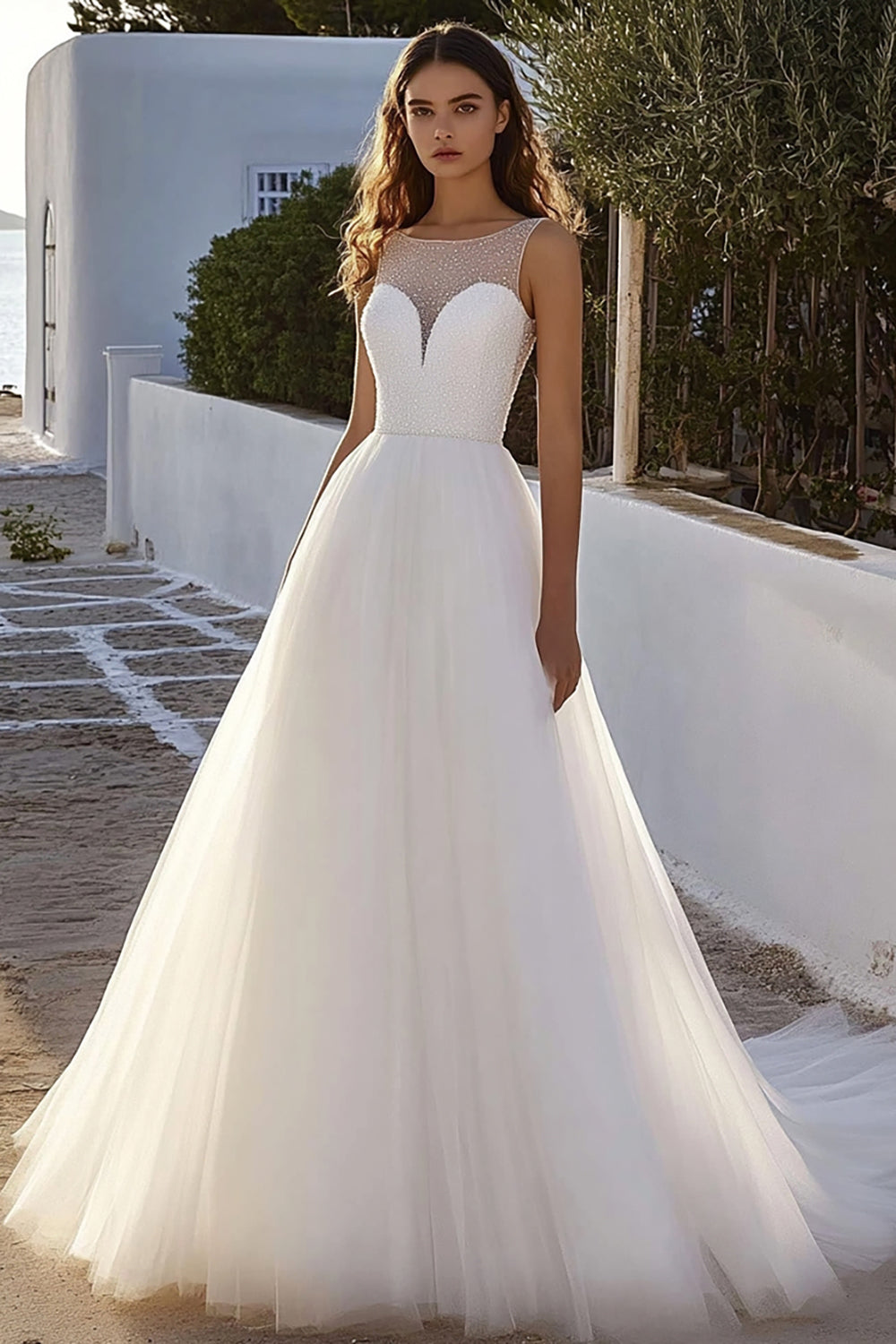 Ivory A Line Tulle Long Illusion Neck Wedding Dress