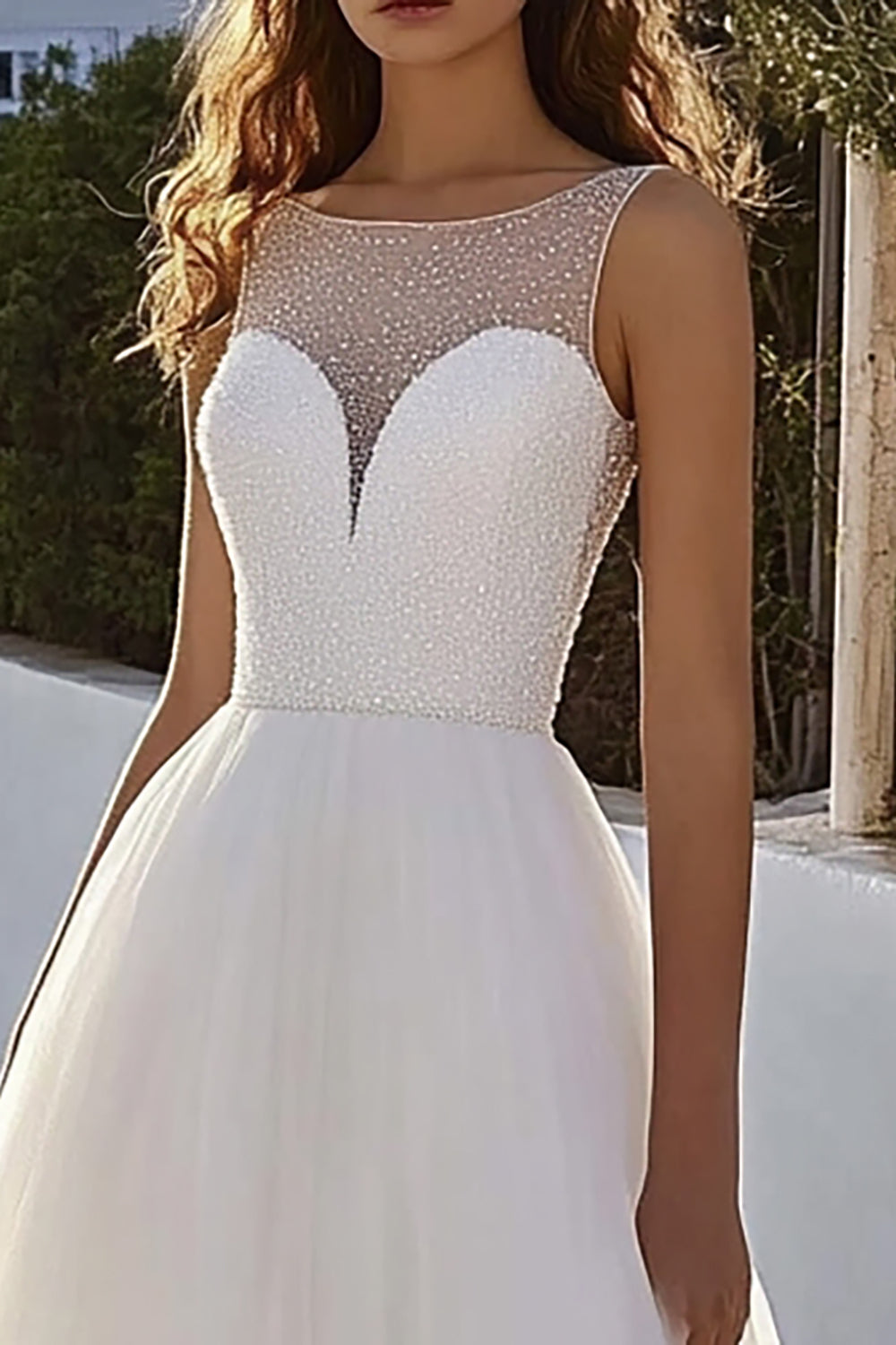 Ivory A Line Tulle Long Illusion Neck Wedding Dress