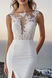 Ivory Mermaid Sweep Train Lace Wedding Dress with Slit