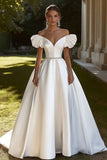 Ivory Satin Sweep Train Off the Shoulder Wedding Dress