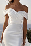 Ivory Satin Off the Shoulder Ruched Sweep Train Wedding Dress
