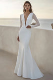 Ivory Satin Deep V-Neck Wedding Dress with Long Sleeves