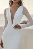 Ivory Satin Deep V-Neck Wedding Dress with Long Sleeves