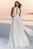 Ivory A Line Chiffon Keyhole Long Wedding Dress