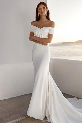 Ivory Sweep Train Off the Shoulder Sheath Wedding Dress
