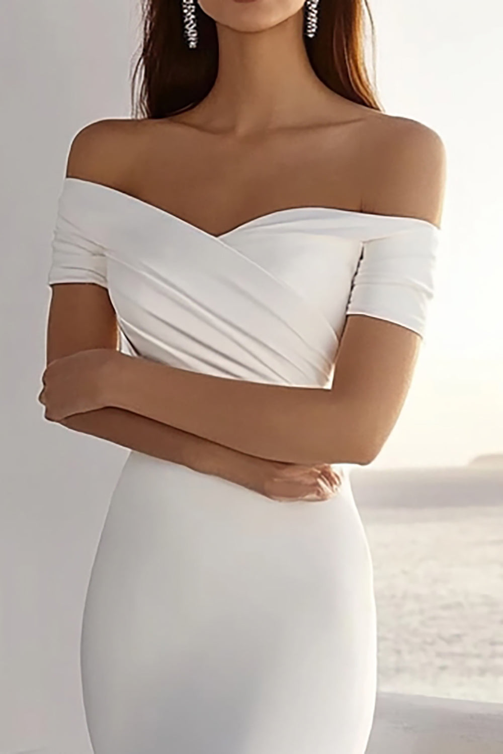 Ivory Sweep Train Off the Shoulder Sheath Wedding Dress