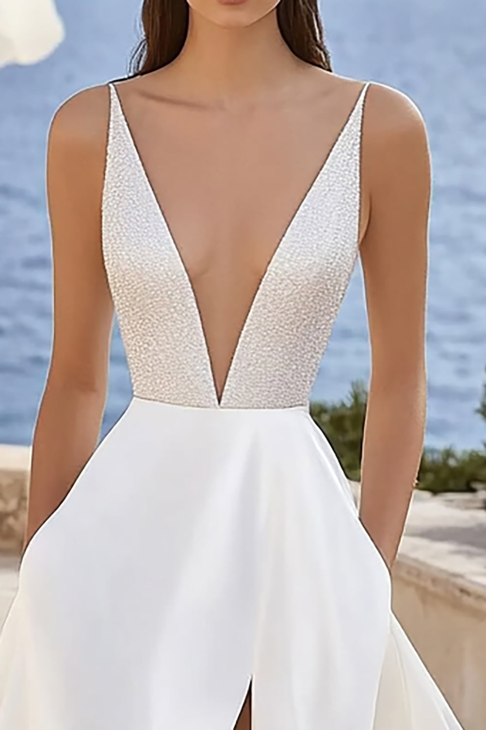 Ivory Sweep Train Deep V-Neck A Line Wedding Dress with Slit