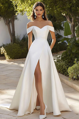 A Line Ivory Sweep Train Off the Shoulder Wedding Dress with Slit
