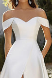 A Line Ivory Sweep Train Off the Shoulder Wedding Dress with Slit