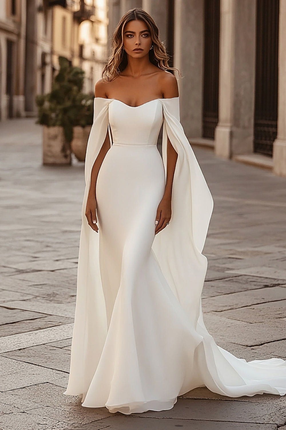 Ivory Sweep Train Off the Shoulder Cape Wedding Dress