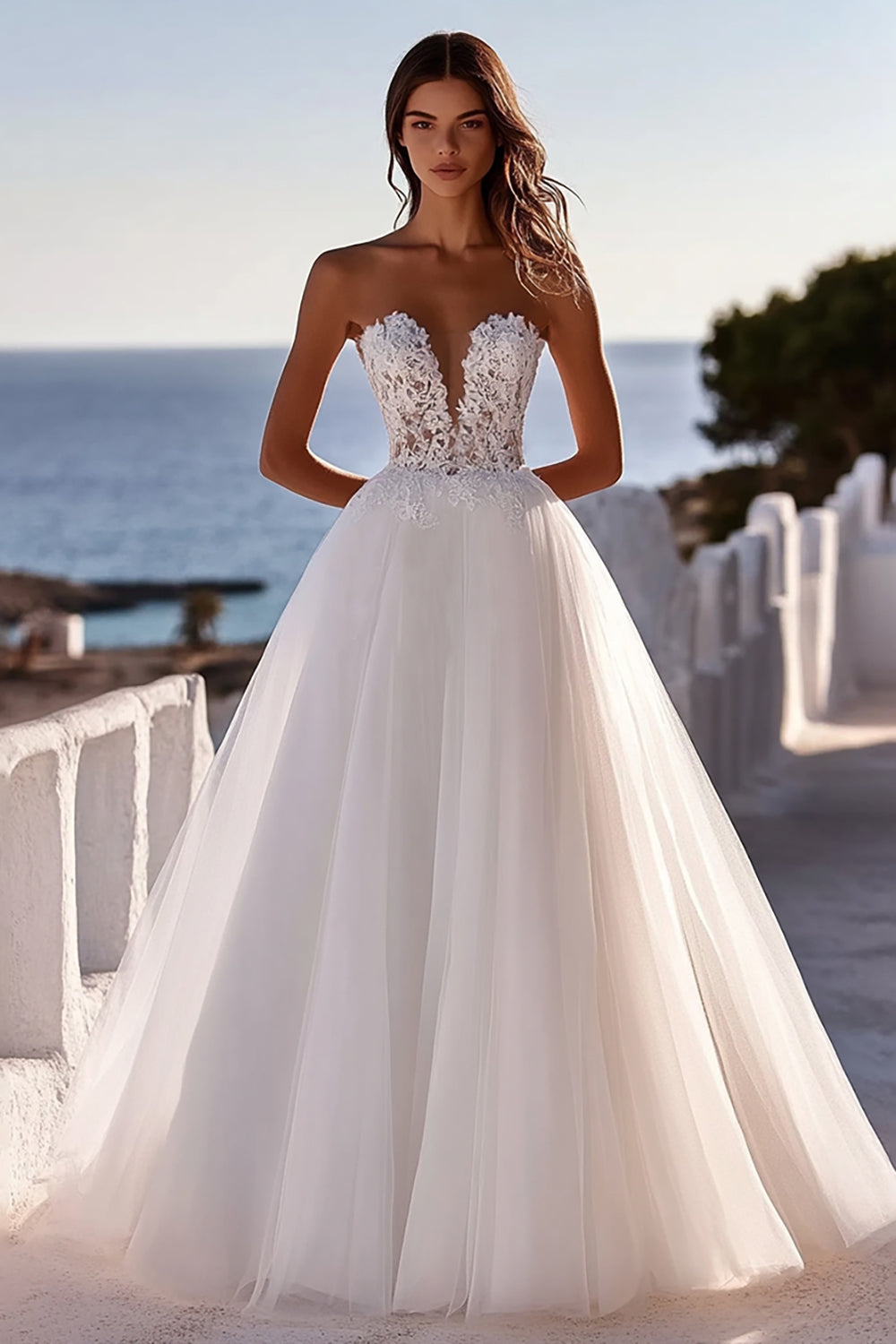 Ivory Strapless A Line Long Lace Wedding Dress