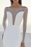 Ivory Sweep Train Illusion Neck Wedding Dress with Long Sleeves