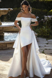 Ivory Sweep Train Off the Shoulder High-Low Wedding Dress Satin Square Neck Bridal Dress