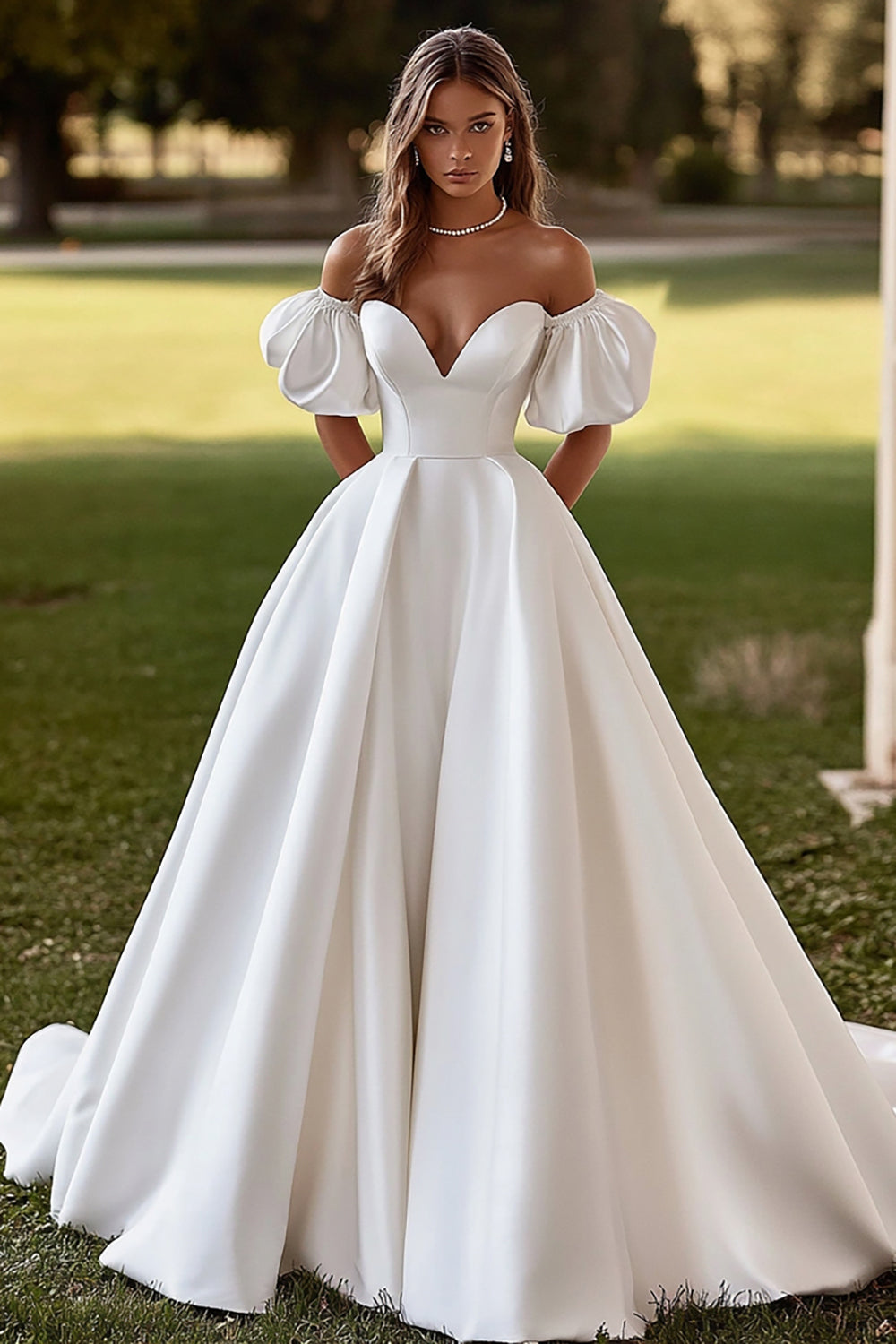 Ivory Sweep Train Off the Shoulder Ball Gown Wedding Dress
