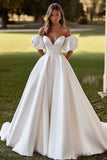 Ivory Sweep Train Off the Shoulder Ball Gown Wedding Dress