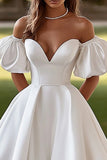 Ivory Sweep Train Off the Shoulder Ball Gown Wedding Dress