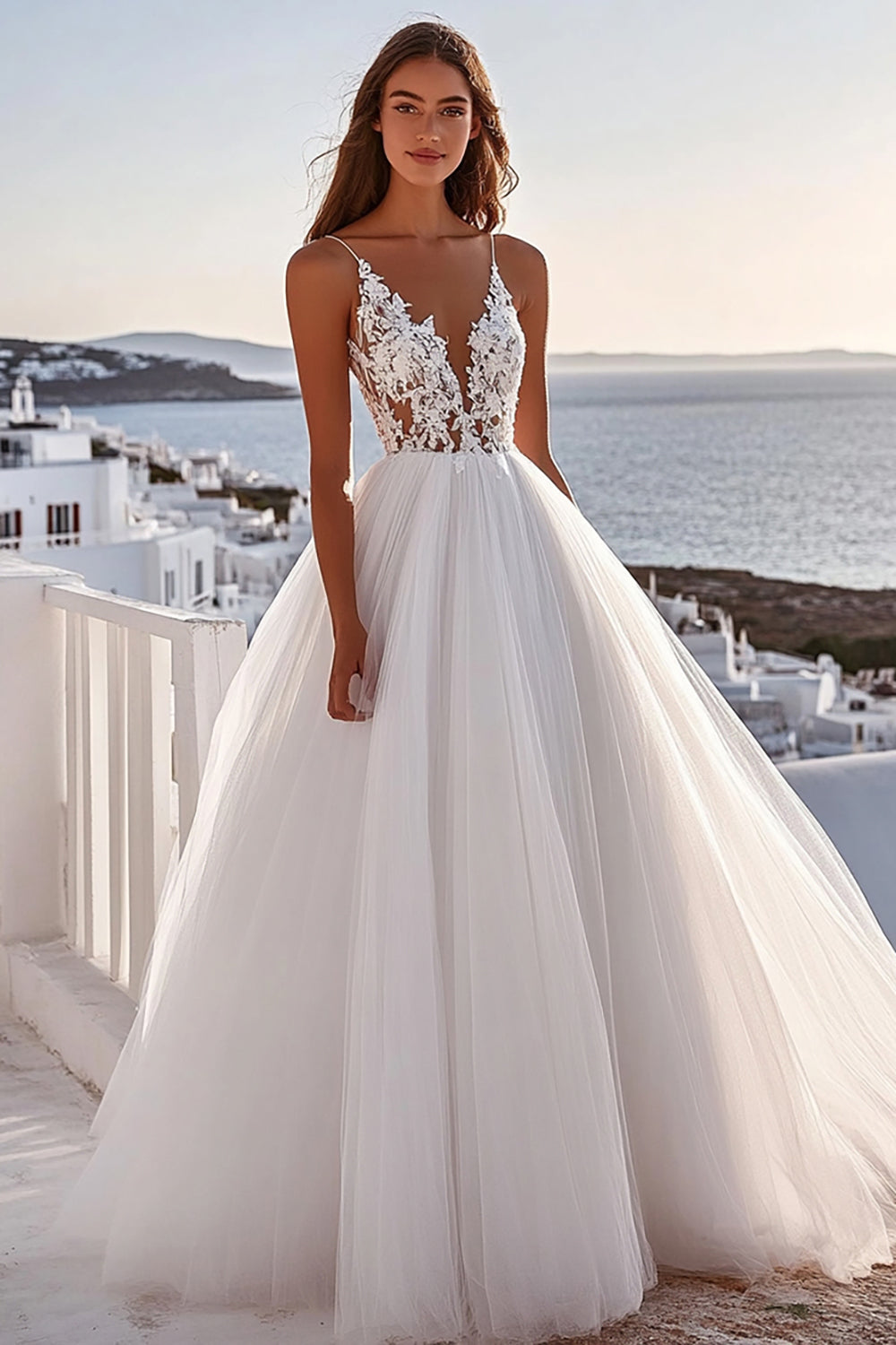 Ivory Deep V-Neck Ball Gown Wedding Dress with Lace