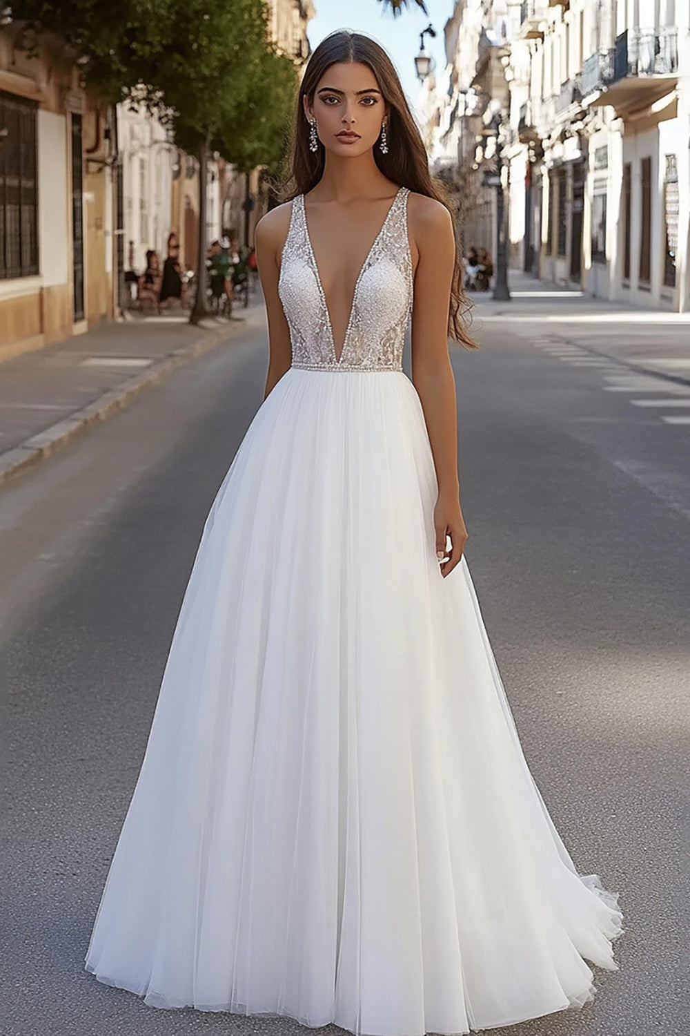 Ivory Deep V-Neck A Line Sweep Train Wedding Dress