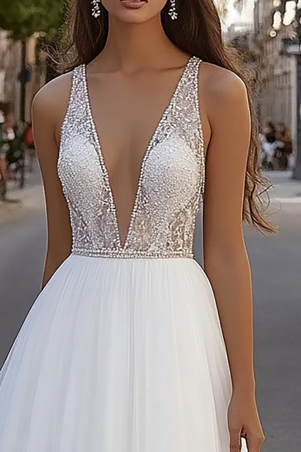 Ivory Deep V-Neck A Line Sweep Train Wedding Dress