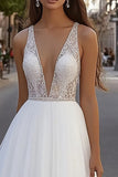 Ivory Deep V-Neck A Line Sweep Train Wedding Dress