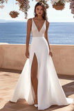 Ivory Chiffon Sweep Train Deep V-Neck Wedding Dress with Slit
