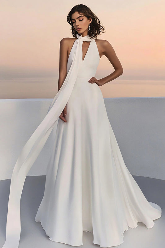 Ivory Sweep Train Chiffon Keyhole A Line Wedding Dress