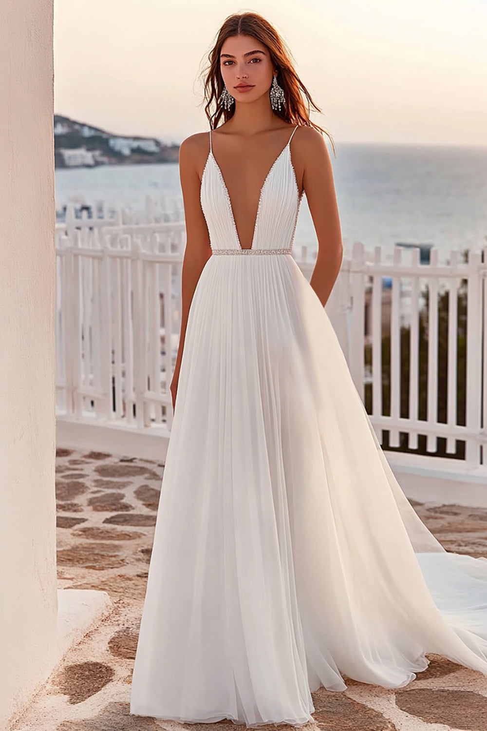Ivory A Line Sweep Train Chiffon V-Neck Wedding Dress
