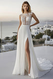 Ivory A Line Sweep Train Lace Chiffon Wedding Dress with Slit