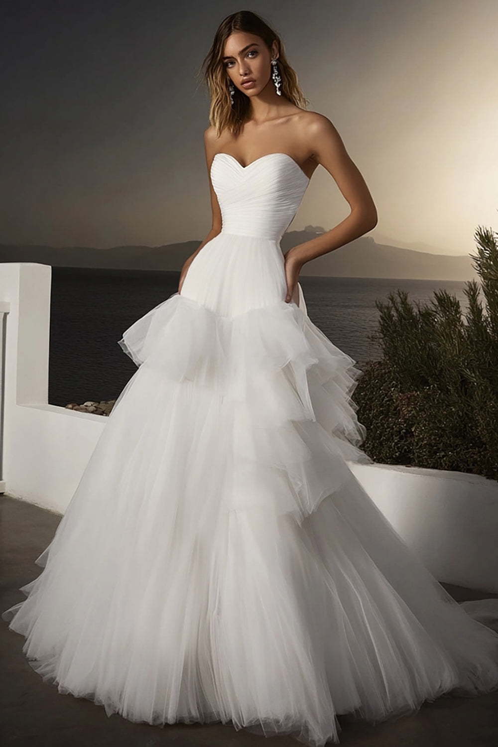 Ivory A Line Tulle Sweetheart Long Wedding Dress with Ruffles