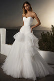 Ivory A Line Tulle Sweetheart Long Wedding Dress with Ruffles