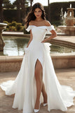 A Line Ivory Sweep Train Wedding Dress with Slit