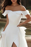 A Line Ivory Sweep Train Wedding Dress with Slit
