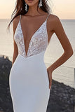Ivory Deep V-Neck Sweep Train Mermaid Wedding Dress
