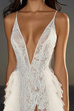 Ivory Sweep Train Lace Ruffled Wedding Dress with Slit