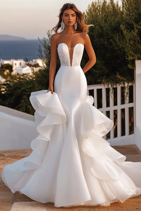 Ivory Mermaid Strapless Ruffled Organza Long Wedding Dress