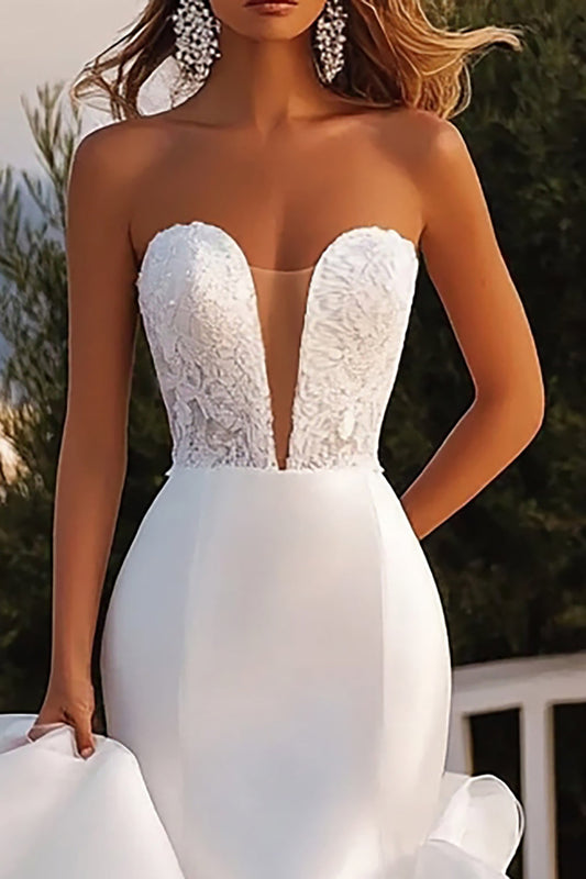 Ivory Mermaid Strapless Ruffled Organza Long Wedding Dress