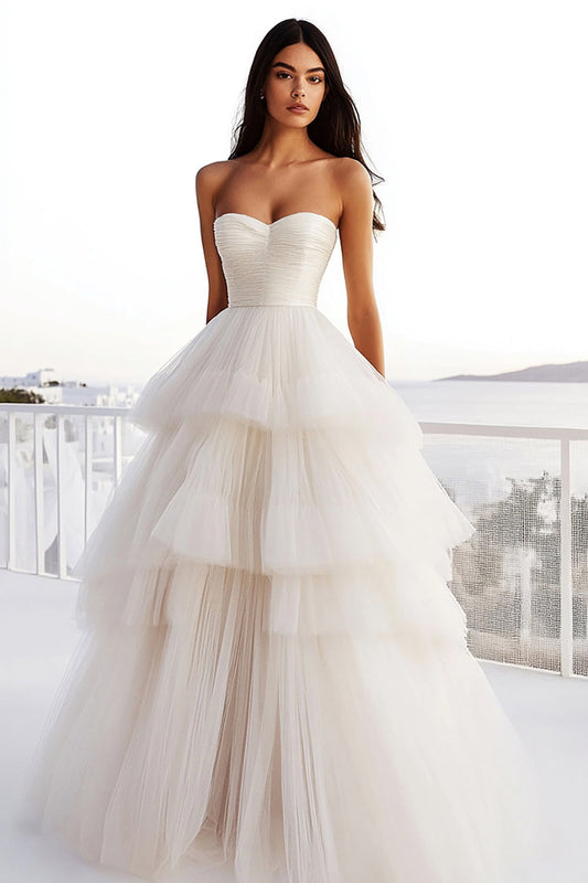 Ivory Tulle Strapless A Line Tiered Long Wedding Dress