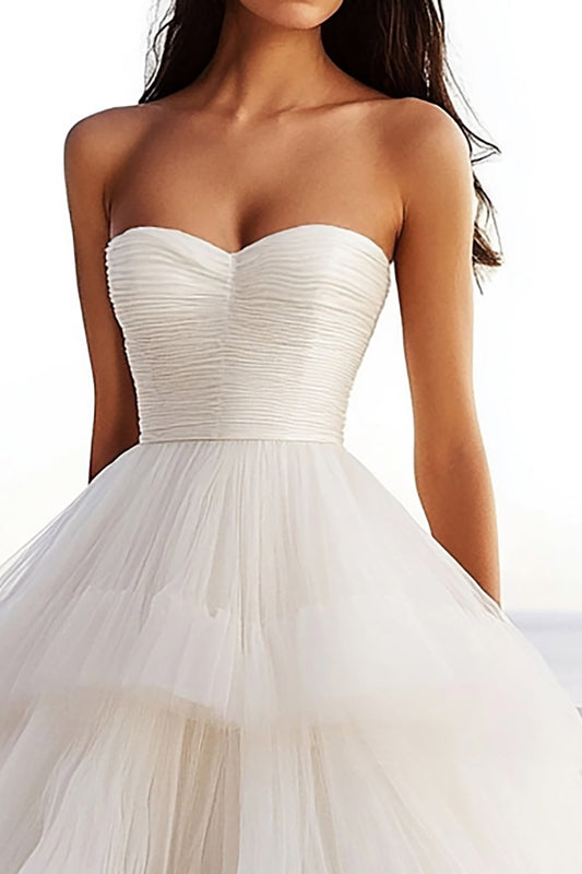 Ivory Tulle Strapless A Line Tiered Long Wedding Dress