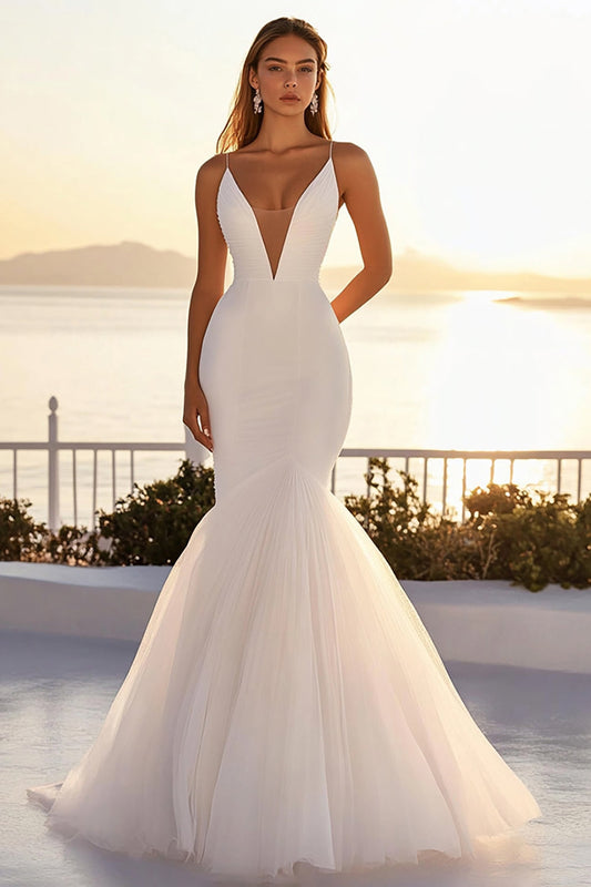 Ivory Tulle Mermaid V-Neck Long Wedding Dress