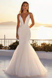 Ivory Tulle Mermaid V-Neck Long Wedding Dress