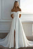 Ivory Satin Off The Shoulder A Line Long Wedding Dress With Slit